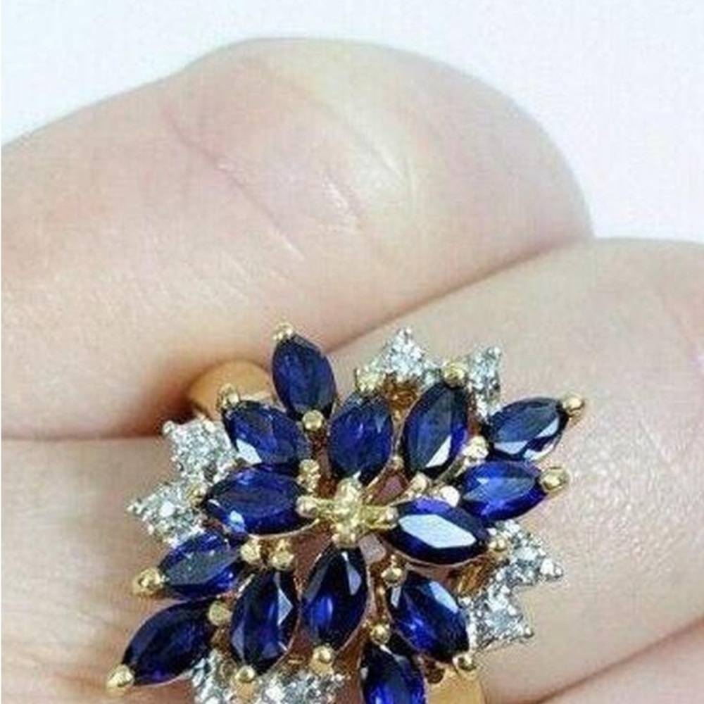 Gold and Blue Starburst Gemstone Ring STATEMENT PIECE sz 9